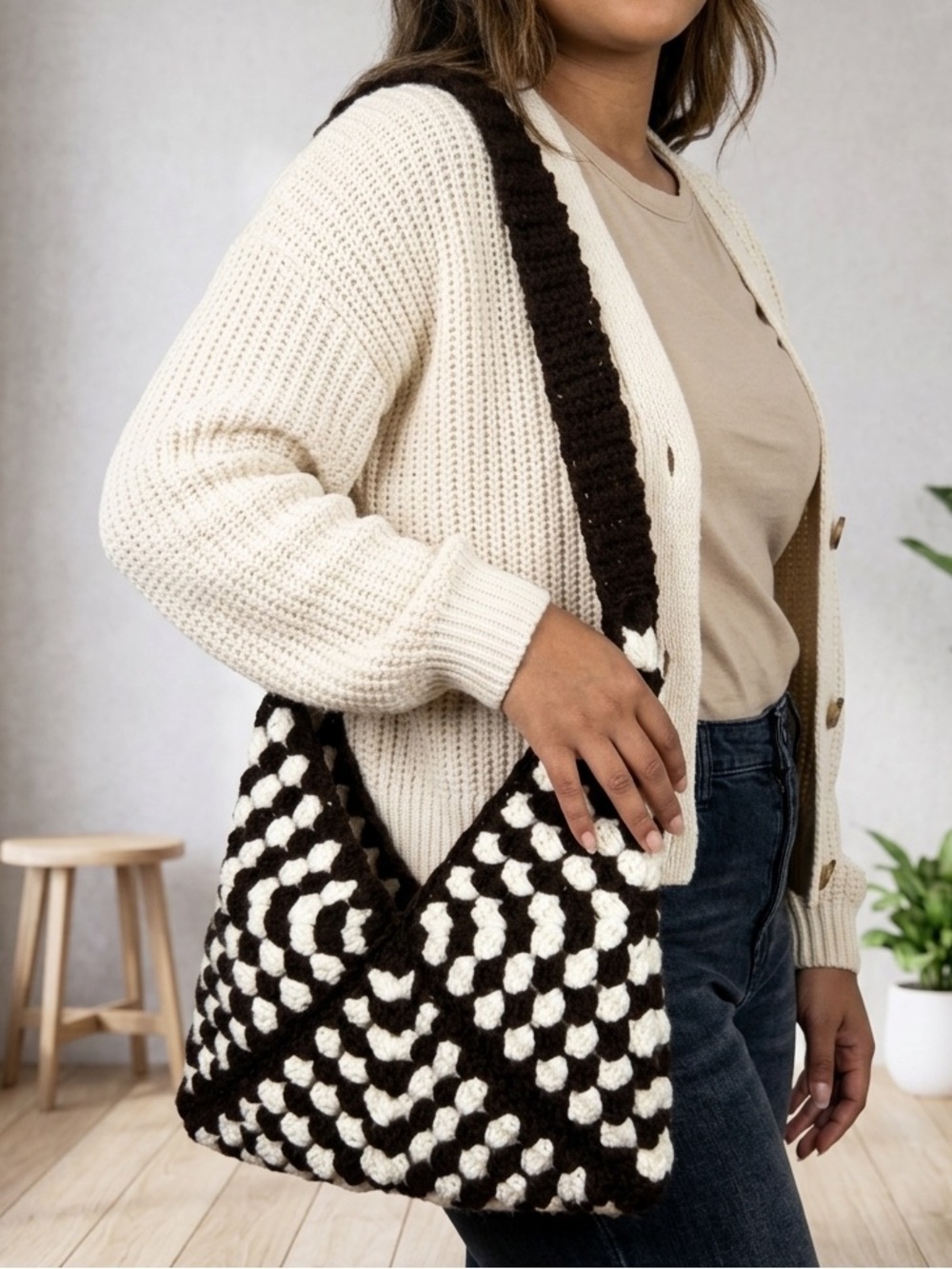 Handmade Brown & Cream Crochet Shoulder Bag